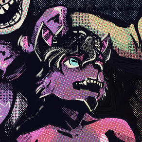 Photo of my fursona. they are a primarily magenta fox hybrid thing. it is dark and they look a bit concerned. Glitchtrap from five nights at freddy's is cropped and somewhat visible. looming behind me.